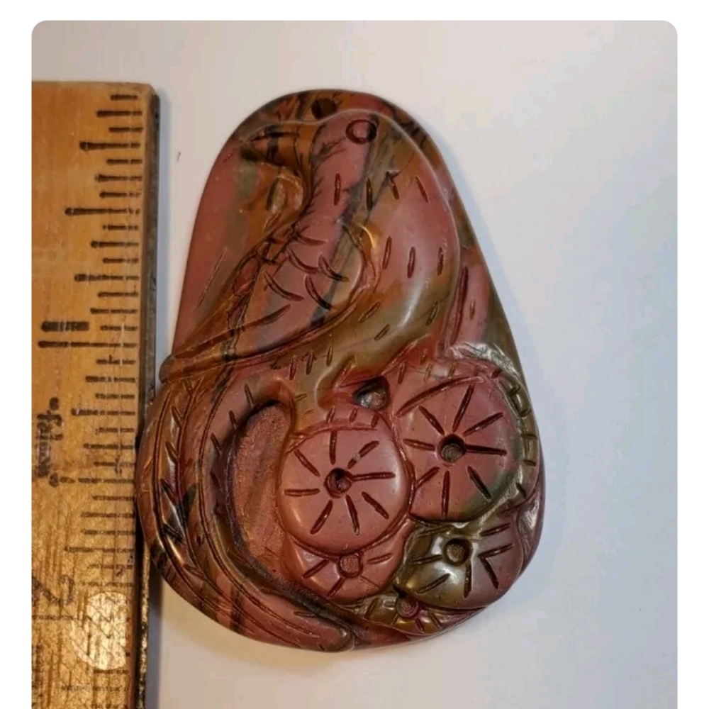 Hand Carved Natural Stone 🐦 Flowers Pendant Bead Jasper Pretty